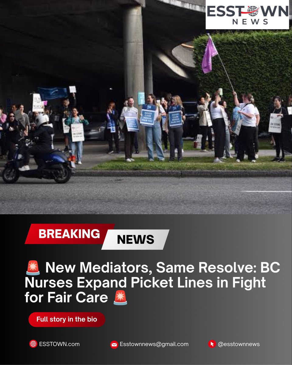 ESSTOWN's tweet photo. 🚨 New Mediators, Same Resolve!
Despite the appointment of special mediators, BC Nurses are holding firm. Pickets continue at Surrey Memorial &amp; expand to Vancouver Island this week. Job action stays until real progress is made on wages &amp; safe staffing. 🩺✊ #BCNU #BCPoli https://t.co/jq0uZFGewP