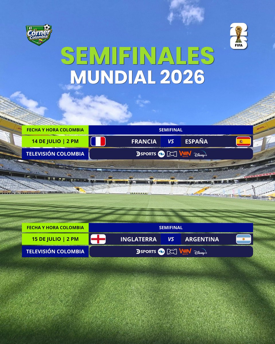 WalterAndres008's tweet photo. ¡CALENDARIO DE LAS SEMIFINALES DEL MUNDIAL! 🏆⚽️

✅️ Serán 2 partidos, distribuidos de la siguiente manera:

🟢 DSports: 2
🟣 Disney+: 2
🟠 Win Sports: 2
🔵 Caracol: 2
🔴 RCN: 2

#colombia🇨🇴 #mundial2026 #calendariomundial2026 #fifaworldcup #seleccioncolombia https://t.co/HLl6PW1iJJ