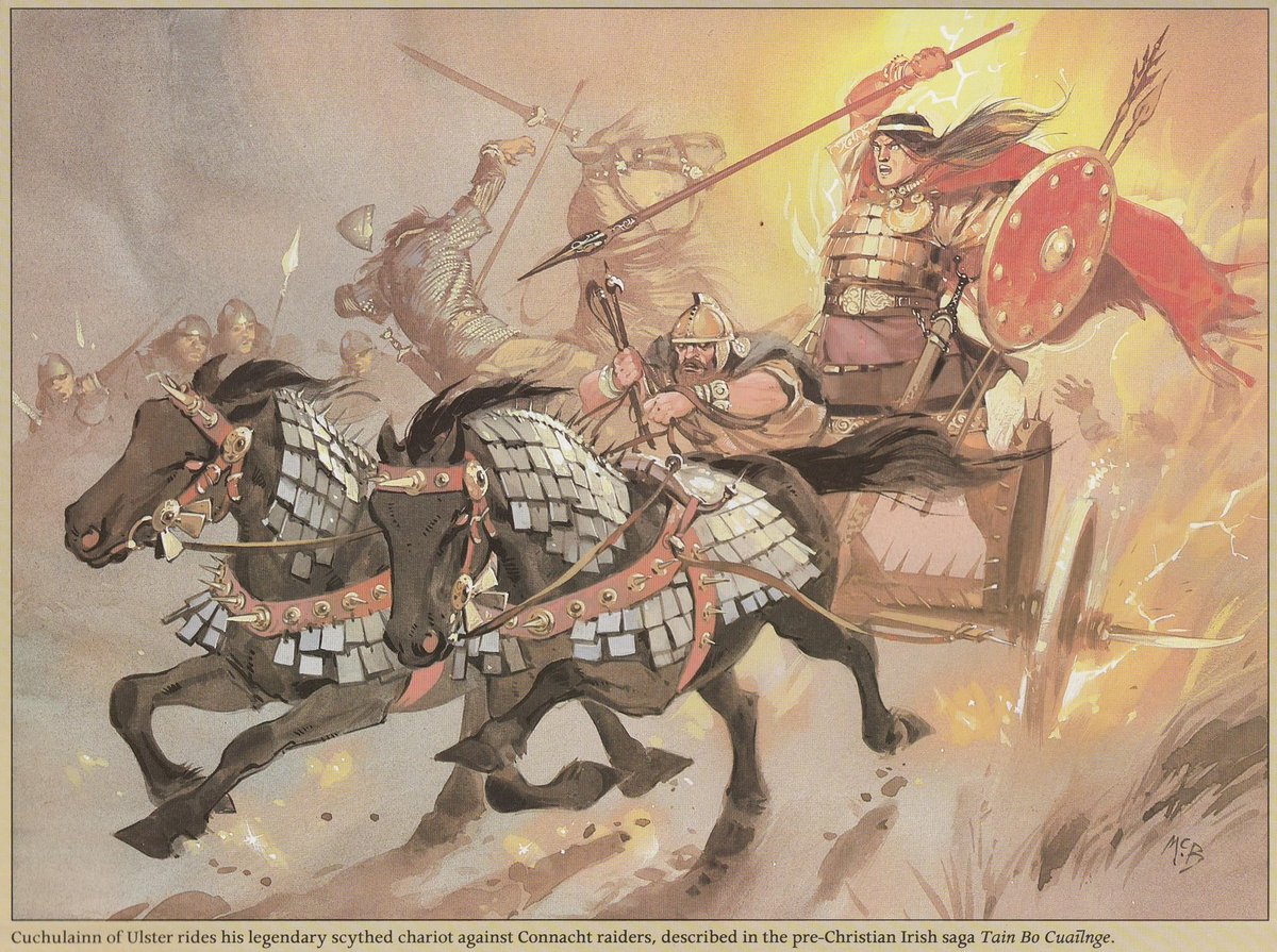 Sagnamadr's tweet photo. “Whoever mounts his first chariot today, his name will live forever in Ireland.”
~Táin Bó Cúailnge
Painting: Cú Chulainn’s sickle-chariot as described in the Táin, by Angus McBride. ࿋ https://t.co/ytjAjaifEV