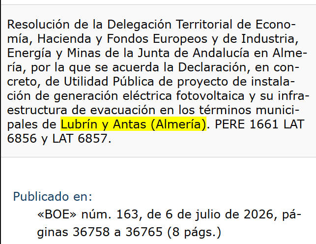 Twitercensores's tweet photo. Incendio de Almería 12 muertos.
BOE del 6 de julio publica el proyecto para instalar una central fotovoltaica en Lubrín y Antas.
3 días después mueren 12 personas por un incendio en esa zona.
¿Solo yo veo la coincidencia? https://t.co/HAGAoJAoyq