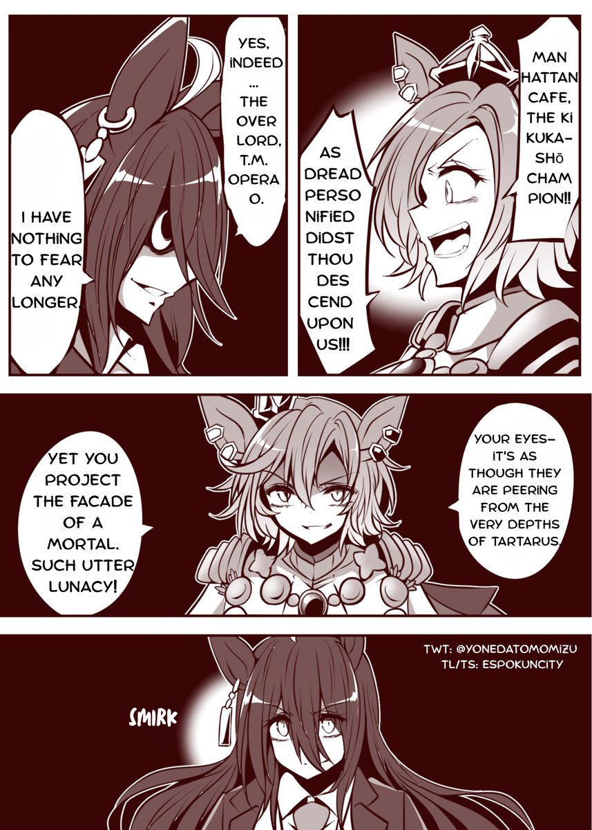 EspokunCity's tweet photo. Umamusume x Hellsing by @yonedatomomizu
Please support the original artist's works!
#UmaTranslations #Umamusume #ウマ娘 #ウマ娘譲 #TMOperaO #ManhattanCafe
----------------------------------------------
Translating Yonedatomomizu's Hellsing Uma Comic will always be a blast. The dialogue just makes me smile.
By the way, the basis of this comic, which is Kikuka Sho's scenario in Cafe's Career, is pretty cool. Translated awesomely into English by Cygames as well!