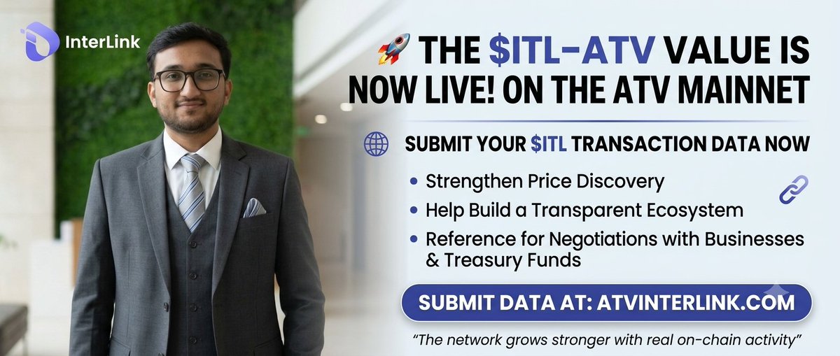 KumarShanu1019's tweet photo. 🚀 The $ITL–ATV value is now live on the ATV Mainnet. Submit eligible transaction data to strengthen price discovery, support ecosystem growth, and help build a trusted transaction-based valuation for $ITL.
#InterLink #ITLG #ITL
@kv_interlink @itl_fdn @VyxCrypto629 @inter_link https://t.co/KVlxICewAz