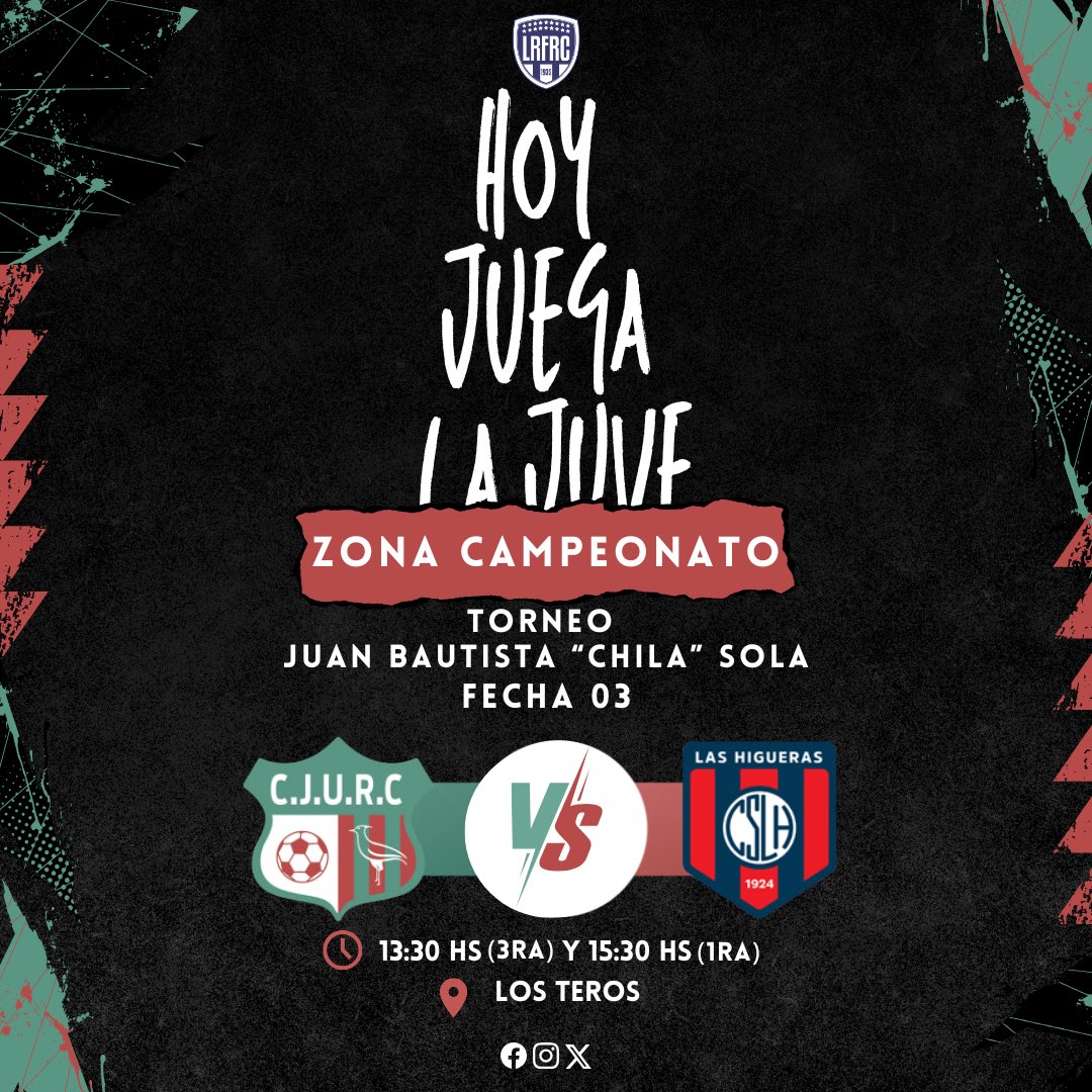 JuventudUnidaRC's tweet photo. ❤️💚🤍 Hoy juega la Juve.

En Los Teros recibimos a Centro Social Las Higueras por la 3.ª fecha de la Zona Campeonato.

🕜 13:30 | 3.ª
🕞 15:30 | 1.ª

¡Todos a alentar al Tricolor! 💪⚽ #VamosLaJuve https://t.co/dW7nWD4mfr