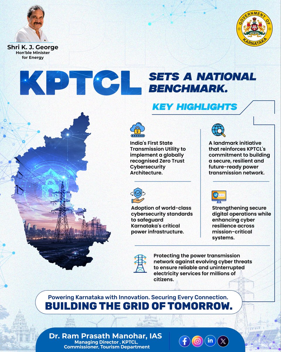 PrasathIas's tweet photo. KPTCL has become India’s first State Transmission Utility to implement a globally recognised Zero Trust Cybersecurity Architecture.

The framework will secure over 3,000 users and strengthen protection for Karnataka’s critical power infrastructure.

#KPTCL #Karnataka #ZeroTrust #Cybersecurity #PowerTransmission @kptcl_official @thekjgeorge