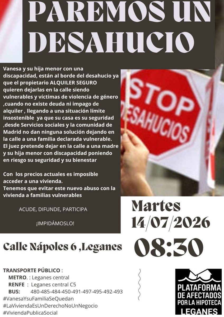 PahLeganes's tweet photo. #AlertaDesahucio

Convocamos #StopDesahucios el martes 14 a las 8:30 en #Leganes, para #VanesaSeQueda, una madre víctima de violencia de género y su hija (11 años)

#AlquilerSeguro quiere dejarlas en la calle sin impago para subir al doble el alquiler 

Por justicia IMPIDÁMOSLO https://t.co/TlquVs79yz