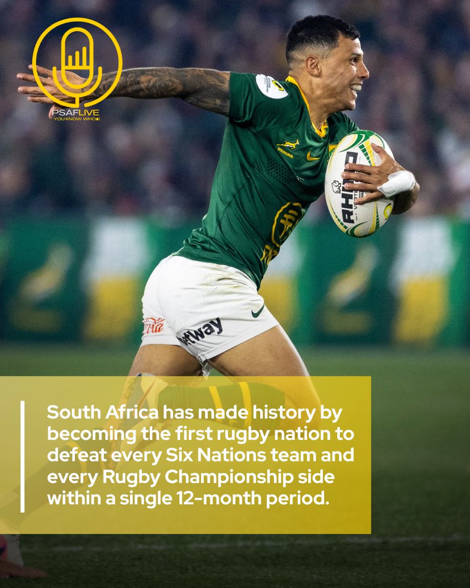 PSAFLIVE's tweet photo. South Africa has made history by becoming the first rugby nation to defeat every Six Nations team and every Rugby Championship side within a single 12-month period.

The world number one Springboks sealed this unprecedented achievement with a commanding 42-28 bonus-point victory over Scotland at Loftus Versfeld in Pretoria.

No other country has ever achieved a clean sweep against the top teams from both the Northern and Southern Hemispheres in the same year. This milestone underscores South Africa’s remarkable consistency and cements the Springboks’ dominance over the world’s elite rugby nations, rewriting the sport’s record books.