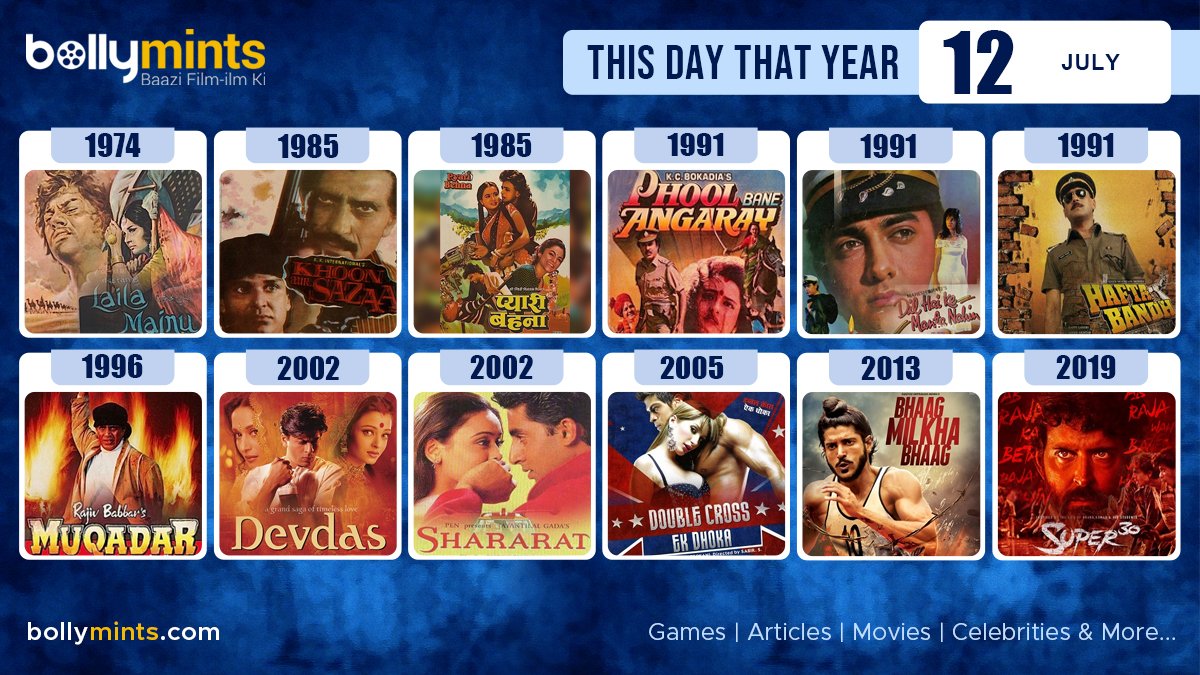 BollyMints's tweet photo. Here are the few #BollywoodMovies released on this day. Stay tuned at https://t.co/ohKmuyqHCy for #updates #ThisDayThatYear #12July #DastanELailaMajnu #PyariBehna #PhoolBaneAngaray #DilHaiKeMantaNahin #Devdas #Shararat #DoubleCross #BhaagMilkhaBhaag #Super30 #Hindustani2 #Sarfira https://t.co/WQOmf8TKSE