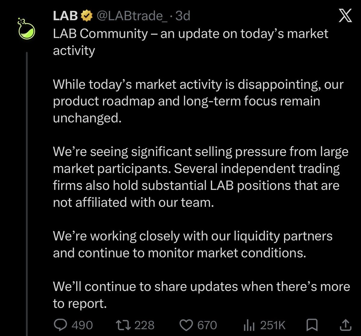 zachxbt's tweet photo. Update 3: Over the past 48 hours an entity initially funded by the LAB team deposited 18.4M LAB ($18.3M) to Aster and began selling LAB spot on the DEX which has caused the LAB price to drop another -54% from $1.2 to $0.55.

From July 10 to 11 the entity began transferring LAB to three Aster deposit addresses and currently still holds another 81.5M LAB:
0xaad30cab22f772c1658b7845b5837d35bf3a467a
0x76ccfde9819500204985580d235dd8326fa0b241
0x628dd74f428a81cd34ece11331a7f1593f76047a

The entity received 196M+ LAB from the LAB team in April 2026, transferred LAB to four Bitget deposit addresses, withdrew to ten addresses from May 11 to 12, and still holds 81.5M LAB.