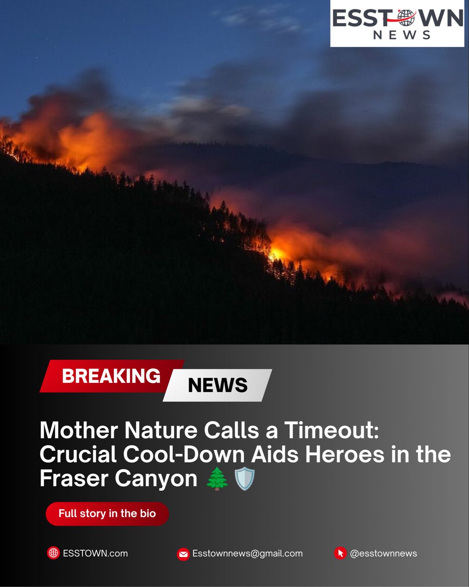 ESSTOWN's tweet photo. Mother Nature Called a Timeout! 🌲🛡️
Cooler temps &amp; lighter winds are giving B.C. crews a vital 48-hour window against the Fraser Canyon wildfires before extreme heat returns Monday. Hwy 1 is open (single-lane, 60km/h). Huge thanks to our firefighters! 🚁🚒
#BCWildfires #BCNews https://t.co/2fvvnrIU1i