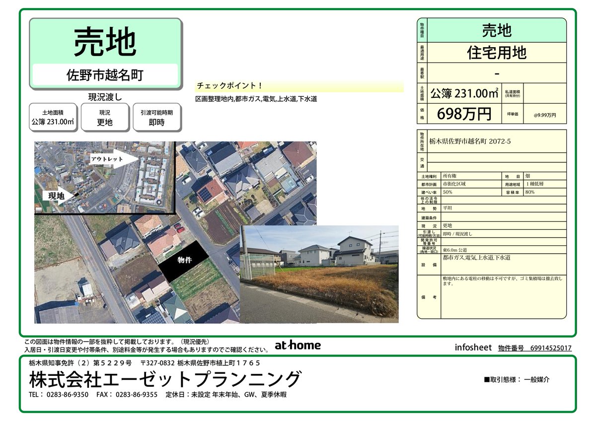 azplanning2020's tweet photo. 佐野新都市区画整理地内７０坪６９８万！（坪9.9万）
東道路６ｍに１０ｍ接続
建築条件なし
詳細は公式HP
#佐野市 #移住 #田舎暮らし https://t.co/O60yAb5Ytz