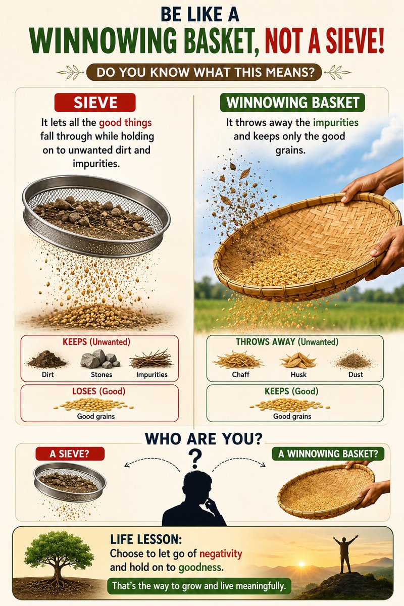 gururaj23's tweet photo. 'நீ முறம் மாதிரி இரு! 
சல்லடை மாதிரி இருக்காதே!'
இதற்கு அர்த்தம் என்ன தெரியுமா?
சல்லடை:நல்ல விஷயங்களை எல்லாம் கீழே தள்ளிவிட்டு, தேவையில்லாத கசடுகளையும் வைத்துக்கொள்ளும். முறமோ:கசடுகளை கீழே தள்ளிவிட்டு நல்ல விஷயங்களை மட்டும் தக்க வைத்துக்கொள்ளும்!
நீங்கள் யார்? 
சல்லடையா?  
முறமா? https://t.co/mp5LMA6LRj