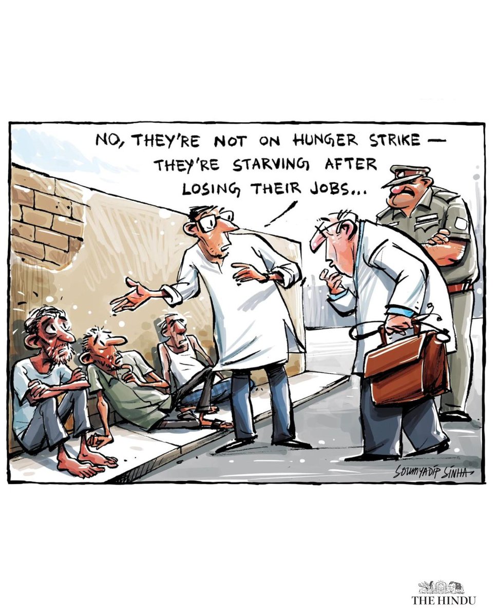the_hindu's tweet photo. Here’s a cartoon by @sinha_soumyadip on Cockroach Janta Party (CJP) founder Abhijeet Dipke and climate activist Sonam Wangchuk protesting at Jantar Mantar in Delhi, demanding the resignation of Education Minister Dharmendra Pradhan and government accountability over alleged examination irregularities, as their protest entered its 23rd day.