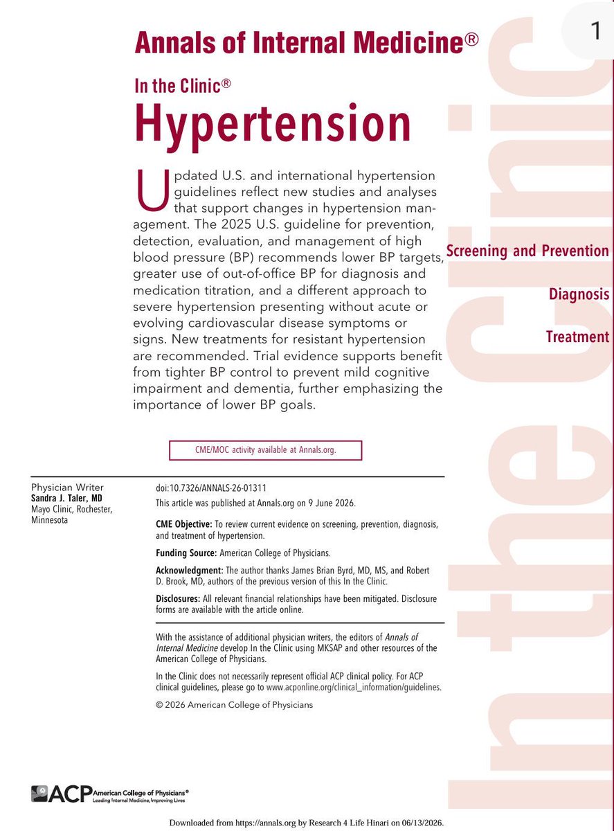 franciscojlk's tweet photo. 🫀Hypertension in 2026: Five practice changing updates every clinician should know

Hypertension remains the leading modifiable risk factor for cardiovascular disease worldwide, yet recent evidence suggests that many patients continue to be undertreated.

The updated Annals of Internal Medicine "In the Clinic" review summarizes the most important changes introduced by the 2025 AHA/ACC guideline and highlights how hypertension management is evolving. 

The first major change is that blood pressure should no longer be judged solely in the clinic.

Out of office blood pressure monitoring is now strongly recommended not only to confirm the diagnosis, but also to detect white coat hypertension, masked hypertension and guide treatment titration. Ambulatory blood pressure monitoring remains the reference standard whenever available. 

The second message is that lower targets matter.

For most patients, the recommended goal remains below 130/80 mmHg, with increasing evidence supporting systolic pressures below 120 mmHg in selected high cardiovascular risk patients when tolerated. Recent trials demonstrated reductions in major cardiovascular events without a significant increase in serious complications. 

Third, lifestyle interventions continue to be the foundation of therapy.

Weight reduction, dietary sodium restriction, the DASH diet, regular exercise and potassium enriched salt substitutes remain among the most effective nonpharmacological interventions. Emerging evidence also supports meditation and yoga as useful adjunctive therapies for selected patients. 

Fourth, treatment should become increasingly individualized.

The guideline incorporates overall cardiovascular risk into treatment decisions using the new PREVENT risk calculator instead of relying exclusively on blood pressure values. This approach better identifies patients who derive the greatest benefit from earlier pharmacological therapy. 

Finally, resistant hypertension is no longer a therapeutic dead end.

Mineralocorticoid receptor antagonists remain central to treatment, while newer agents such as aprocitentan, a dual endothelin receptor antagonist, expand therapeutic options for carefully selected patients with resistant hypertension. 

The most important lesson is simple.

Hypertension management is moving away from isolated office measurements toward precision cardiovascular prevention, integrating accurate blood pressure assessment, global cardiovascular risk, intensive lifestyle intervention and individualized pharmacotherapy.

Better blood pressure control is not simply about preventing myocardial infarction or stroke.

It is increasingly recognized as an investment in preserving kidney function, preventing heart failure and reducing cognitive decline throughout life. 

Reference 📚 

Taler SJ. In the Clinic: Hypertension. Annals of Internal Medicine. Published June 9, 2026. DOI: 10.7326/ANNALS-26-01311.