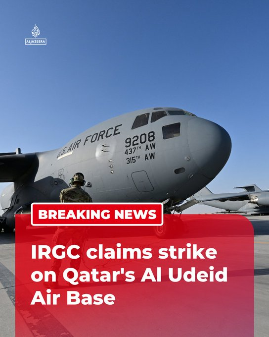 Ibn_mimano's tweet photo. Habari Muhimu: IRGC inasema ililenga Kituo cha Ndege cha Al Udeid cha Qatar, imeharibu kituo cha ukarabati wa ndege za kivita pamoja na kituo cha amri na udhibiti. https://t.co/Buum2HRMGc