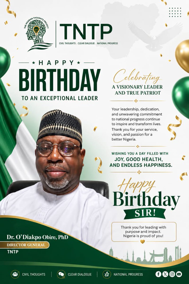Official_TNTP's tweet photo. Double Celebration:

Happy Birthday to Dr. O’Diakpo Obire and His Beloved Mother

Today marks a truly special occasion as we celebrate not only the birthday of our distinguished Director General, Dr. O’Diakpo Obire, PhD, but also that of his beloved mother.

This rare and beautiful coincidence is a reminder of the blessings of family, legacy, and the values that shape great leaders. We honour Dr. Obire for his exemplary leadership, dedication to national progress, and unwavering commitment to service.

We also celebrate his mother, whose love, sacrifices, and guidance have undoubtedly contributed to the remarkable man and leader he is today.

As you both mark another year of life, may God grant you abundant joy, divine protection, good health, and many more years filled with peace, happiness, and fulfillment.

Happy Birthday to Dr. O’Diakpo Obire and his dear mother.

May this new chapter bring greater achievements, countless blessings, and cherished memories. Wishing you both a joyous and memorable celebration.
Warm regards,

The Nigerian Thoughts Project (TNTP).
