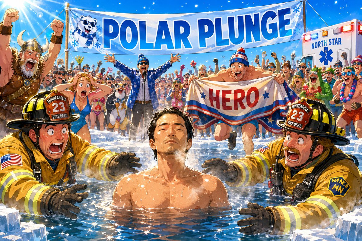 japan_nobunaga's tweet photo. In Minnesota, in February, healthy adults pay money to jump into a frozen lake for charity.

They cut a hole in the ice. They park an ambulance next to it. Then they line up in swimsuits and laugh.

I understood this as purification. We have something like it at home, in cold water, in winter, and a man does not enter it casually.

So while four hundred Minnesotans in costumes shrieked and sprinted back out of the water after two seconds, I walked in slowly, up to my chest, turned to face the shore, closed my eyes, and began to breathe.

The cheering stopped.

Somebody said, very clearly, "he's still in there."

I stayed in for one minute and forty seconds.

I would like to explain that this was not bravery. My legs had simply resigned. I could not think of a way to leave that would not look like fleeing, and so I remained, out of manners, until two firefighters waded in and escorted me out by the elbows like a very calm stolen painting.

The shore lost its mind.

An old man in a Vikings helmet screamed "THIS GUY GETS IT." A woman yelled "IS HE OKAY," and then immediately, "DON'T YOU DARE STOP HIM." Someone wrapped me in a blanket that said HERO on it, which I do not believe was made for this occasion. The announcer said my name three times and got it wrong three different ways.

I could not feel my hands for two hours.

I am doing it again next year, and I am staying in for two minutes.