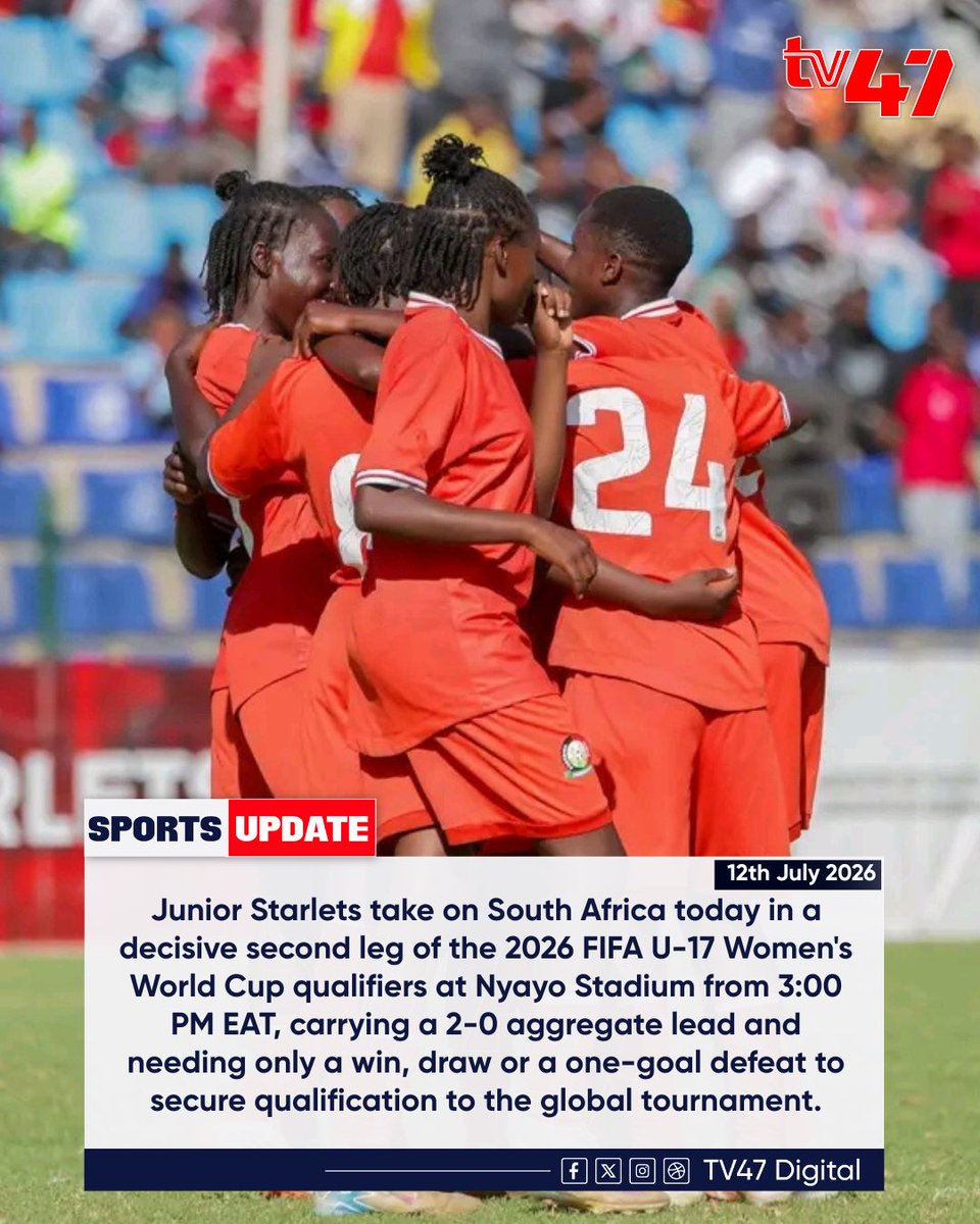 tv47digital's tweet photo. Kenya's Junior Starlets just 90 minutes away from securing a place at the 2026 FIFA U-17 Women's World Cup.
#TV47Sports #TV47News https://t.co/SMVmB1GGVm