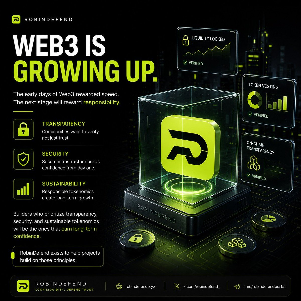 robindefend_'s tweet photo. Web3 is growing up.

Transparency is no longer optional.

Communities expect projects they can verify, not just trust.

RobinDefend is building infrastructure for the next generation of Web3. https://t.co/gOCuKZXpvD