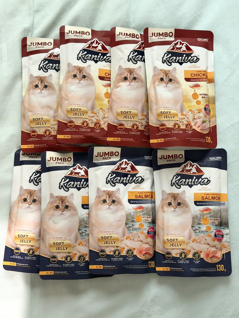 pxnpenny's tweet photo. ขายอาหารเปียกน้องแมว
 Kaniva Jumbo packค่า

ห่อละ 25 บาทค่ะ ค่าส่ง 30 
รับ 8 ห่อ 200ส่งฟรี

มี 2 สูตร ทูน่า-ไก่ &amp; ทูน่า-แซลมอน

#KanivaxBUS #Kaniva #อาหารแมว #แมวเลีย https://t.co/1e4PgiOZcq