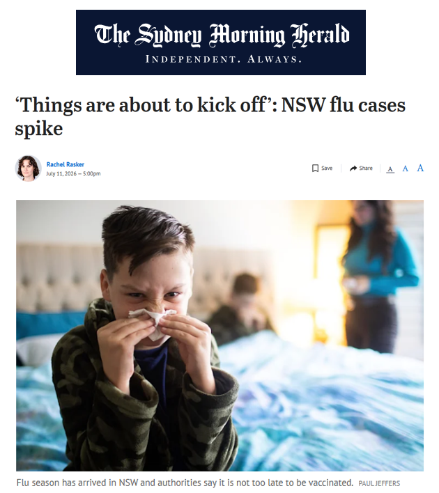BigBadDenis's tweet photo. ‘Things are about to kick off’: NSW flu cases spike

The latest NSW respiratory report shows a 43.1% surge in influenza cases for the week ending 4 July. Reported cases jumped past 3,000 across the state, climbing significantly from just over 2,160 cases in the previous week. https://t.co/vSwdamNTR0