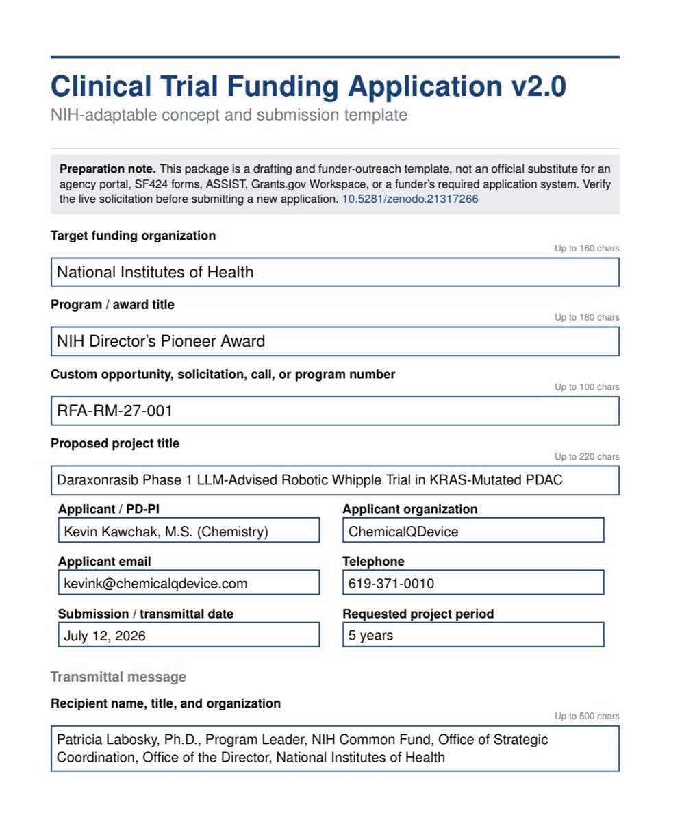 chemicalqdevice's tweet photo. Kawchak, K. (2026). Clinical Trial Funding Application v2.0, RFA-RM-27-001, Kawchak K. Zenodo. https://t.co/Vfc1vTmket https://t.co/lCVD4Wp58Z