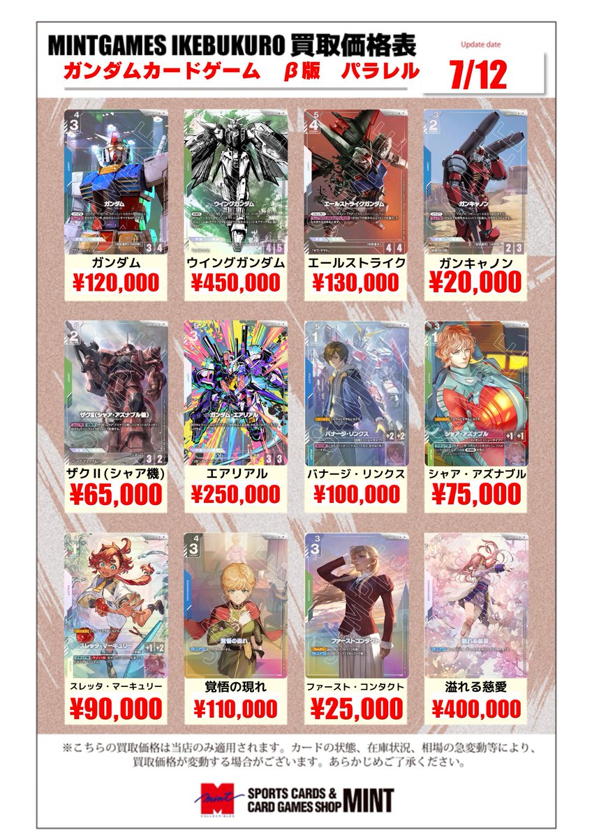 GCG パラレルまとめ売り 買取情報】 #ガンダムカードゲーム #GCG 本日はβ版パラレルの買取表の