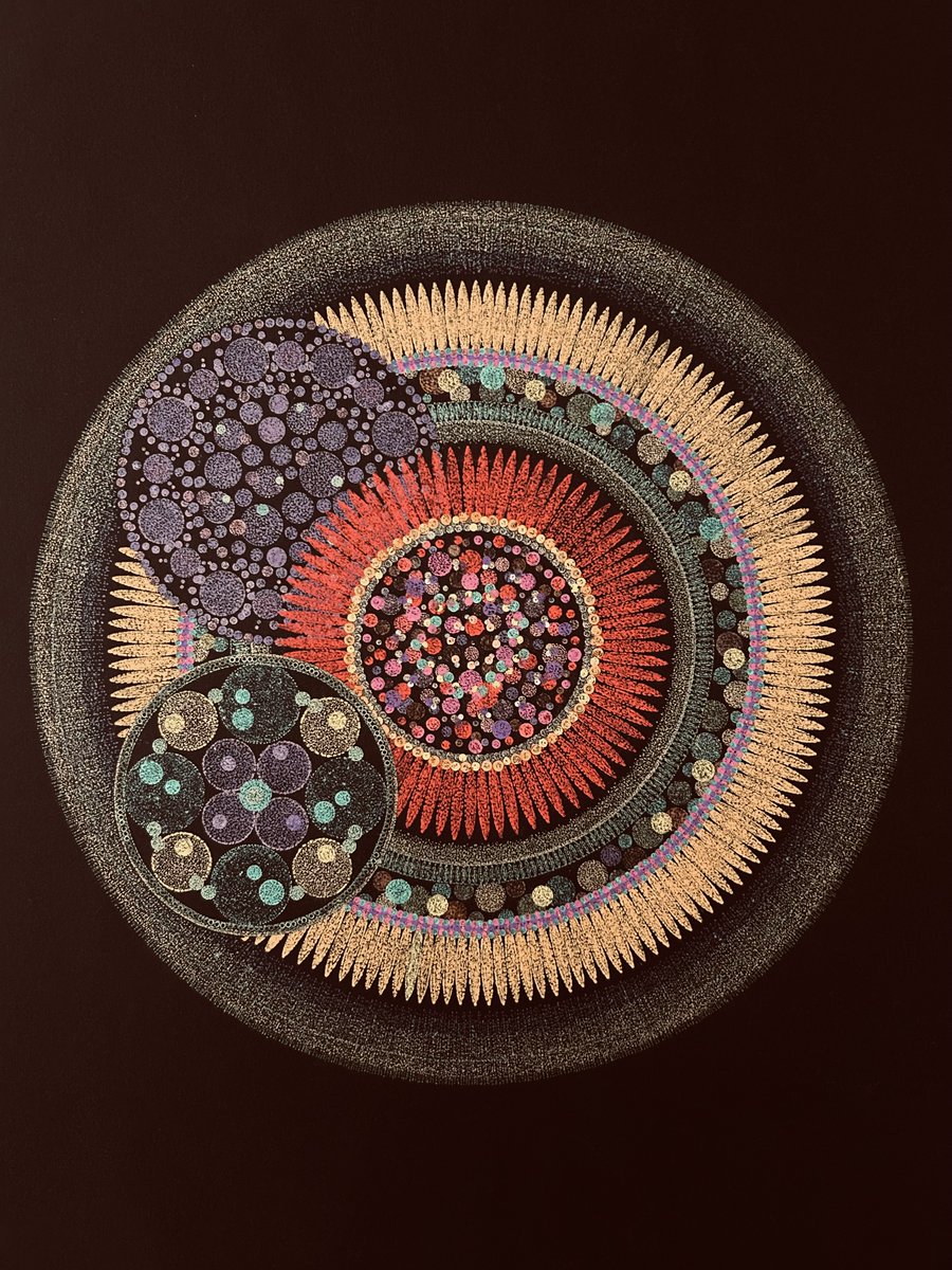 lightworker_9's tweet photo. Manifestation of the Universe — "Kyōmei / 共鳴"
Circles of varying colors, shapes, and sizes resonate, creating quiet harmony. Nothing exists in isolation—all things are invisibly connected.
Gel ink on black paper.
#Pointillism #DotWork #MandalaArt #ContemporaryArt #Resonance https://t.co/eZGH8nKOIw
