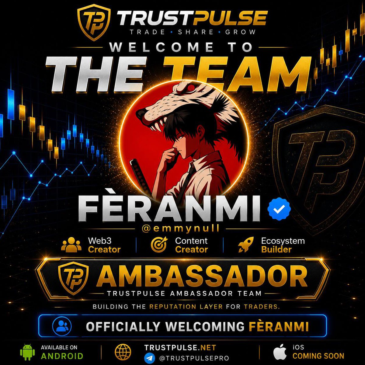 trustpulsepro's tweet photo. 🚨 Please join us in welcoming our newest TrustPulse Ambassador!

Welcome FÈRANMI (@emmynull) to the TrustPulse Ambassador Team. 🛡️

FÈRANMI has consistently demonstrated a passion for creating quality content, engaging the community, and helping educate traders across Web3.

As a TrustPulse Ambassador, he’ll help us:

📈 Grow the TrustPulse community
🤝 Welcome new members
🎥 Create educational content
🚀 Expand the TrustPulse ecosystem

We’re excited to have him on this journey as we continue building the reputation layer for traders.

Please give him a warm welcome below! 👇