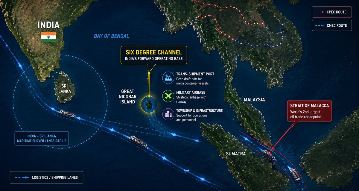 TheMilObserverr's tweet photo. 🇮🇳 India is about to control one of the busiest chokepoints most people have never heard of.

The Six Degree Channel, just south of Great Nicobar, is on track to carry nearly 90% of the world's container traffic in the coming years.

It combines a trans-shipment port, a military airport, and new township infrastructure into a single forward operating base.

That puts India in direct watch of the Strait of Malacca, the world's second-largest oil trade chokepoint after Hormuz.

China has spent years trying to route around Malacca through CPEC and CMEC. This project is India's answer, planted right at the gateway.

A $9-11 billion bet on the Indo-Pacific's most important waterway 🇮🇳