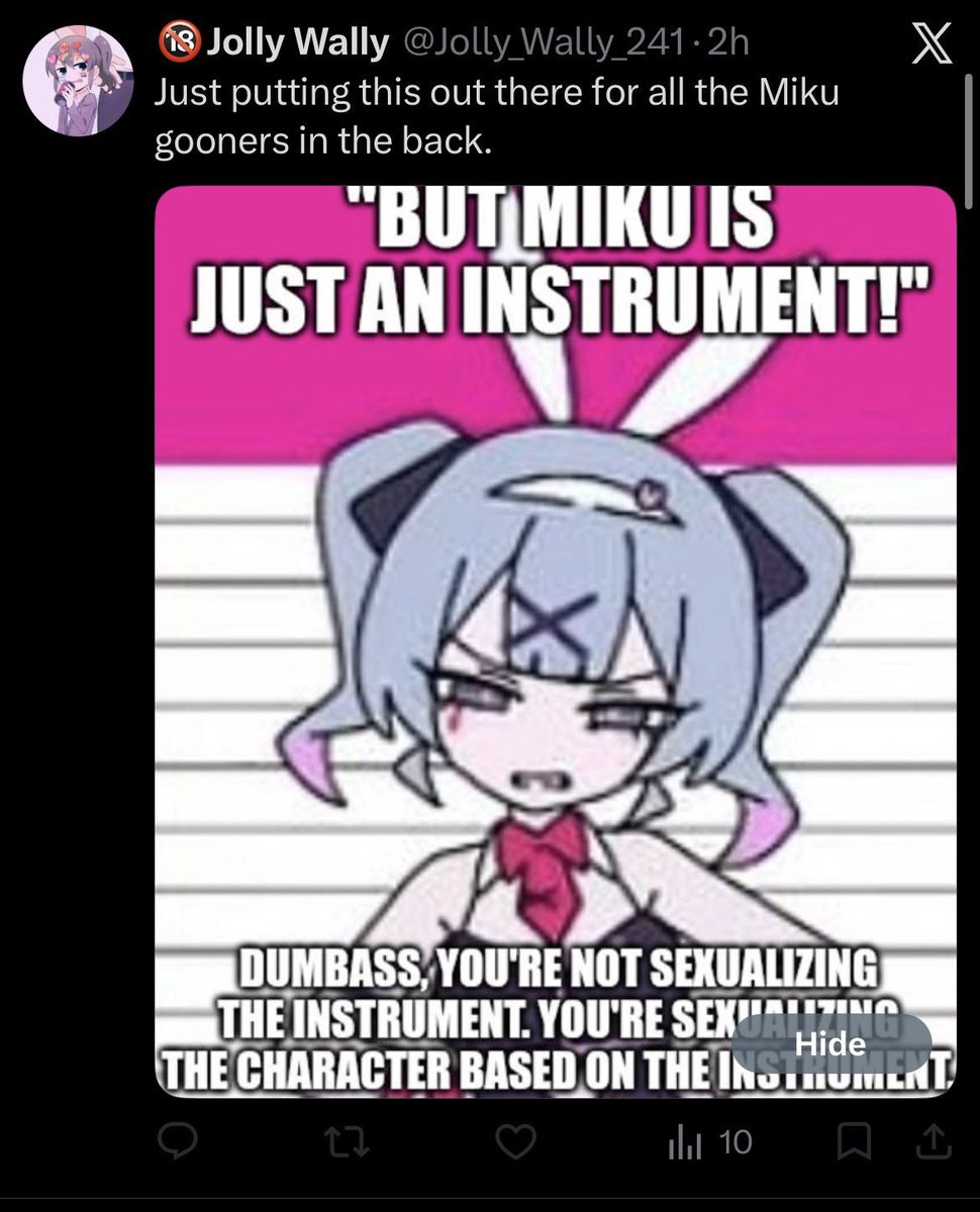 UnhingedFans's tweet photo. Wally claiming that just because Miku isn't real you shouldn't sexualize her because he claims that Miku is 16 years old (marketing age not actual canon age).

Yet he has favorited NSFW stuff with Miku in them. Also using the version of Miku he called a whore for his meme. https://t.co/gC0YeVCBmo