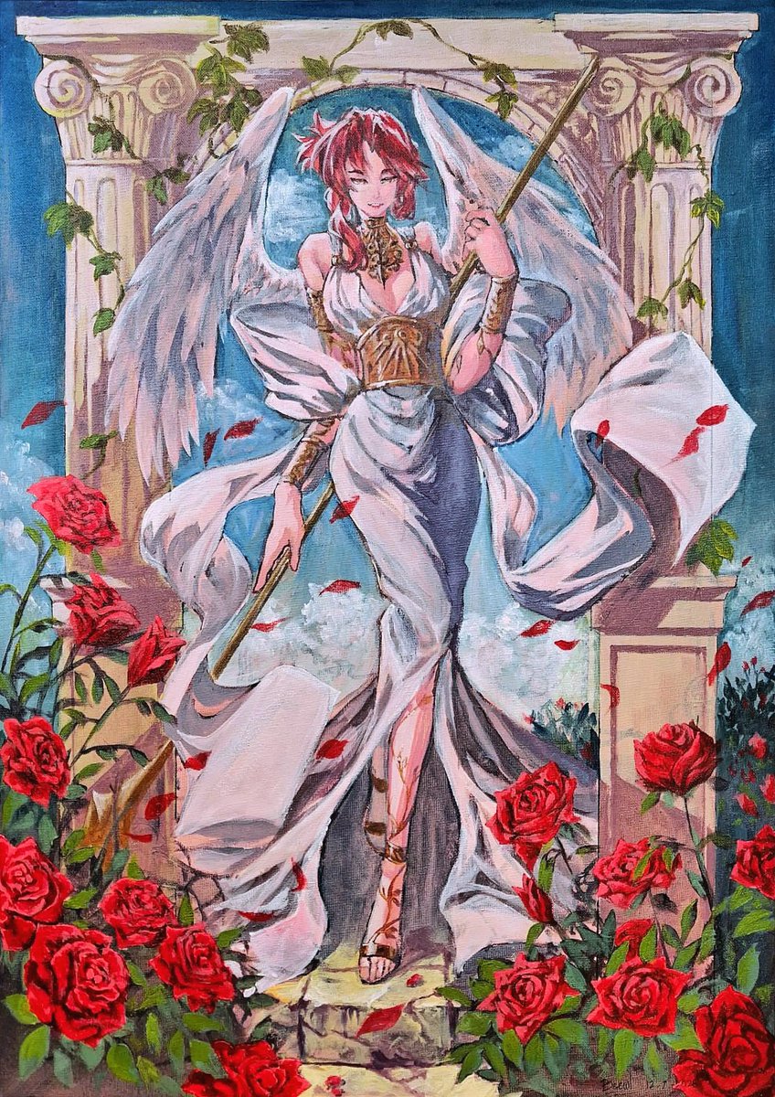 Beewl0's tweet photo. Painting of Himeko for her birthday last june that i just managed to finish now 🥲 (sorry my camera is kinda bad smh)

Acrylic on canvas
size 50x70cm https://t.co/RvWCYzxEak