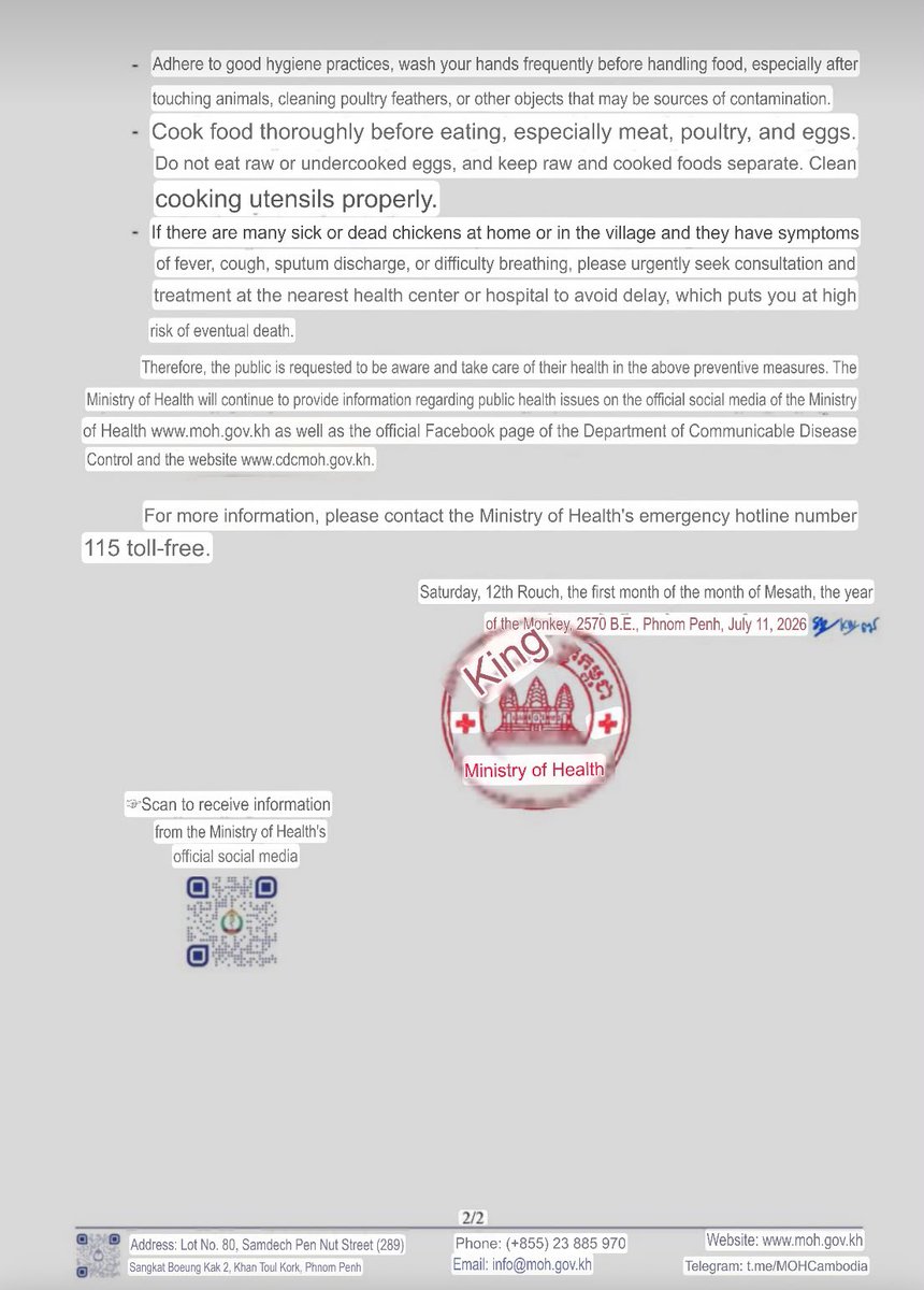 E_A_Karlsson's tweet photo. #Cambodia confirms its 5th human #H5N1 case of 2026: a 9-month-old girl from Phnom Penh. Exposure investigations are ongoing. Initial sequencing indicates the virus belongs to the reassortant clade 2.3.2.1e lineage circulating since 2023.

#AvianInfluenza #BirdFlu #OneHealth https://t.co/bJ2nkjhoY2