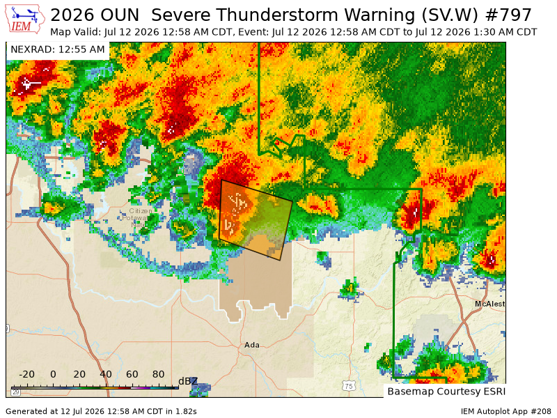 iembot_ok's tweet photo. OUN issues Severe Thunderstorm Warning [wind: 60 MPH (RADAR INDICATED), hail: <.75 IN (RADAR INDICATED)] for Seminole [OK] till 1:30 AM CDT https://t.co/dthqBYdalo https://t.co/4q2Ats6NXh