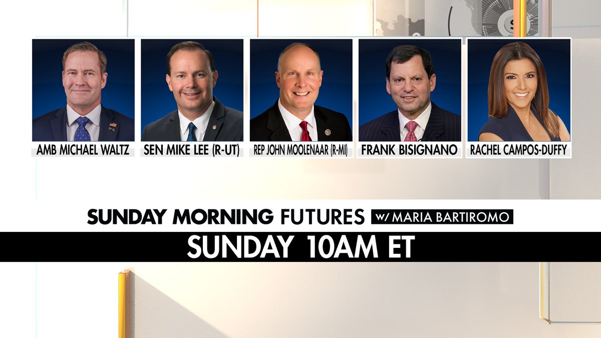 MariaBartiromo's tweet photo. Join us for a big show @SundayFutures @FoxNews 10am et #live w @michaelgwaltz
@SenMikeLee
@RepMoolenaar
@socialsecurity #FrankBisignano
@RCamposDuffy
@IRSnews CEO https://t.co/7dTmw43AEL
