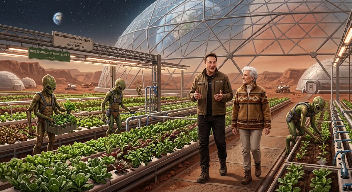 MuhammadUs2516's tweet photo. Elon Musk taking his mother to the fields on Mars.
#MarsFarming #ElonMusk #MayeMusk #SpaceX #MartianLife #AIArt https://t.co/zkbiirgiVE