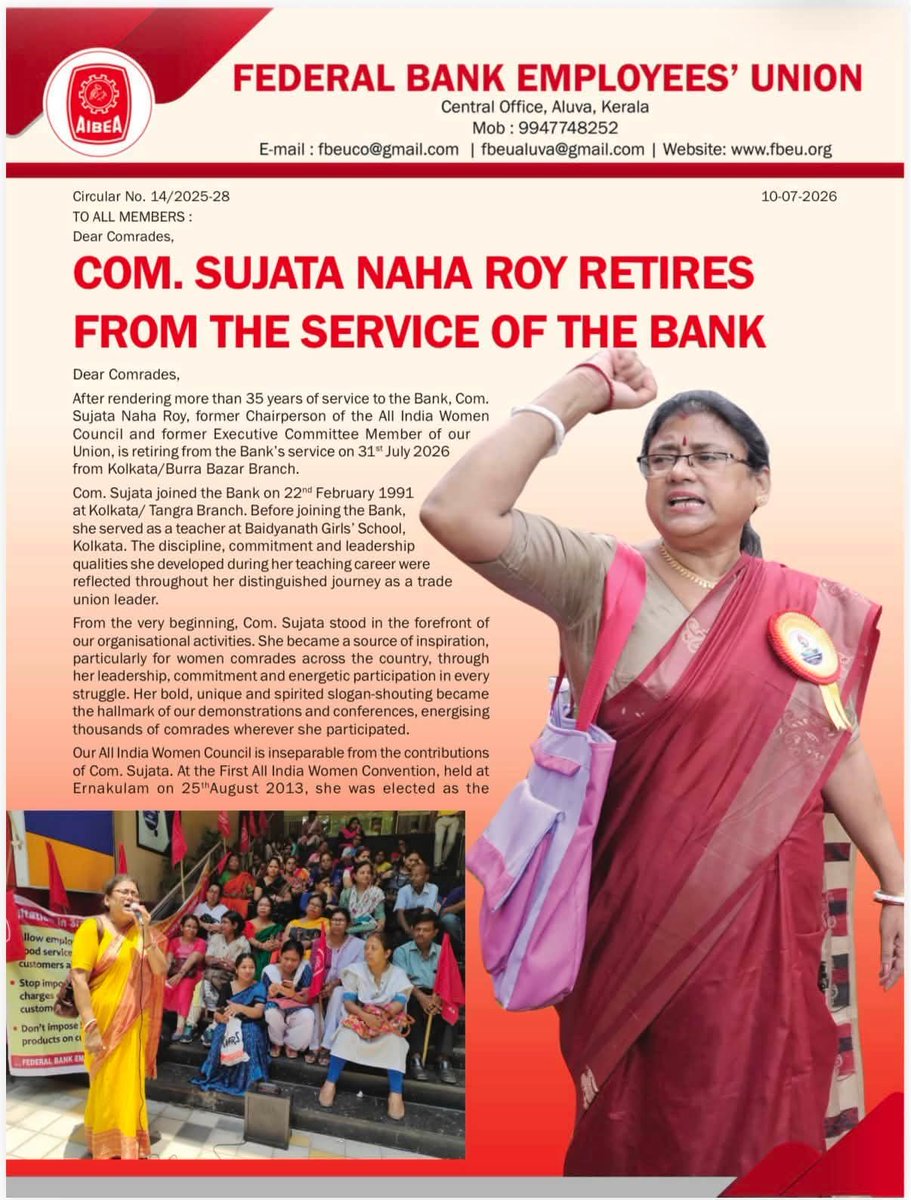 FBEU_AIBEA's tweet photo. Com. Sujata Naha Roy retires from the service of the bank
#FBEU
#AIBEA https://t.co/eg9BVrRPSq