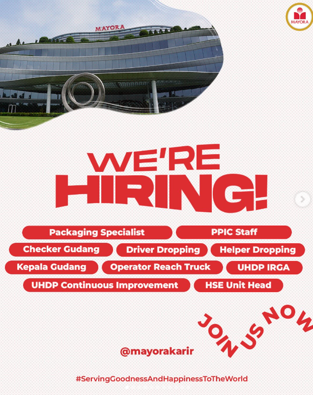 txtklsmenengah's tweet photo. Mayora Membuka Banyak Lowongan Kerja (Juli 2026) 🚨
Untuk Lulusan min SMA/SMK dan min S1

Lowongan di Mayora HQ / Daan Mogot
1. Packaging Specialist (S1)
2. PPIC Staff (S1)

Lowongan Gudang & Logistik
1. Checker Gudang (SMA/SMK)
2. Operator Reach Truck (SMA/SMK)
3. Kepala Gudang (S1)

Lowongan Dropping
1. Driver Dropping (SMA/SMK)
2. Helper Dropping (SMA/SMK)

Lowongan Unit Head / Development Program
1. Unit Head Development Program IRGA (S1)
2. Unit Head Development Program Continuous Improvement (S1)
3. HSE Unit Head (Health & Safety Environment) (S1)

Cara Melamar 
- Cek Poster Tiap Posisi !!
- Kirim CV ke email yang tertera di masing-masing lowongan.
- Gunakan subjek sesuai instruksi 
- Periode pengiriman mayoritas 1–31 Juli 2026.

Poster selengkapnya, cek utas selanjutnya 🧵👇