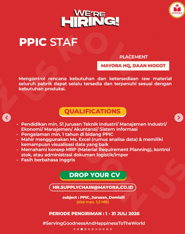 txtklsmenengah's tweet photo. Mayora Membuka Banyak Lowongan Kerja (Juli 2026) 🚨
Untuk Lulusan min SMA/SMK dan min S1

Lowongan di Mayora HQ / Daan Mogot
1. Packaging Specialist (S1)
2. PPIC Staff (S1)

Lowongan Gudang & Logistik
1. Checker Gudang (SMA/SMK)
2. Operator Reach Truck (SMA/SMK)
3. Kepala Gudang (S1)

Lowongan Dropping
1. Driver Dropping (SMA/SMK)
2. Helper Dropping (SMA/SMK)

Lowongan Unit Head / Development Program
1. Unit Head Development Program IRGA (S1)
2. Unit Head Development Program Continuous Improvement (S1)
3. HSE Unit Head (Health & Safety Environment) (S1)

Cara Melamar 
- Cek Poster Tiap Posisi !!
- Kirim CV ke email yang tertera di masing-masing lowongan.
- Gunakan subjek sesuai instruksi 
- Periode pengiriman mayoritas 1–31 Juli 2026.

Poster selengkapnya, cek utas selanjutnya 🧵👇