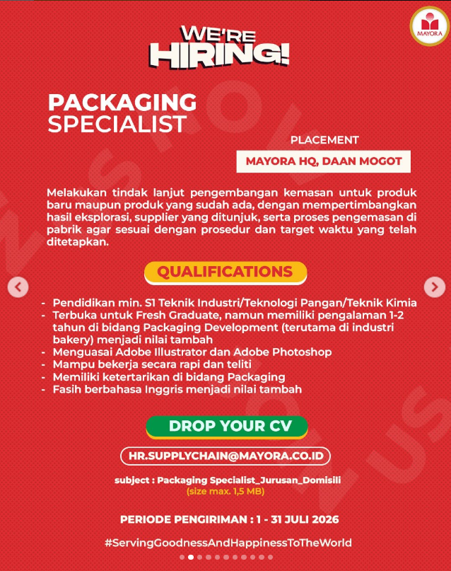 txtklsmenengah's tweet photo. Mayora Membuka Banyak Lowongan Kerja (Juli 2026) 🚨
Untuk Lulusan min SMA/SMK dan min S1

Lowongan di Mayora HQ / Daan Mogot
1. Packaging Specialist (S1)
2. PPIC Staff (S1)

Lowongan Gudang & Logistik
1. Checker Gudang (SMA/SMK)
2. Operator Reach Truck (SMA/SMK)
3. Kepala Gudang (S1)

Lowongan Dropping
1. Driver Dropping (SMA/SMK)
2. Helper Dropping (SMA/SMK)

Lowongan Unit Head / Development Program
1. Unit Head Development Program IRGA (S1)
2. Unit Head Development Program Continuous Improvement (S1)
3. HSE Unit Head (Health & Safety Environment) (S1)

Cara Melamar 
- Cek Poster Tiap Posisi !!
- Kirim CV ke email yang tertera di masing-masing lowongan.
- Gunakan subjek sesuai instruksi 
- Periode pengiriman mayoritas 1–31 Juli 2026.

Poster selengkapnya, cek utas selanjutnya 🧵👇