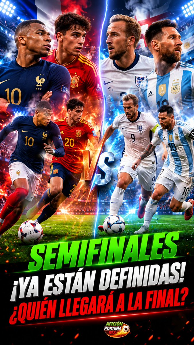 aficionportena's tweet photo. 🔥 ¡Semifinales definidas!

Solo quedan cuatro selecciones en la pelea por el título.

🇫🇷 Francia 🆚 España 🇪🇸
🏴 Inglaterra 🆚 Argentina 🇦🇷

Ya no hay margen de error.

¿Qué final te gustaría ver? 👀⚽

#Semifinales #Mundial2026 #AficionPortenaMX https://t.co/wILxq9echW