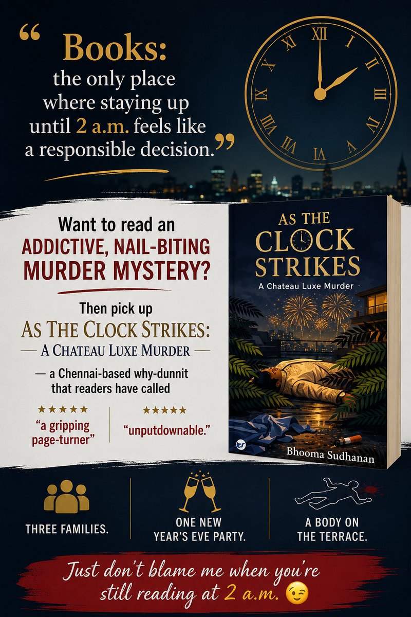Bhooma's tweet photo. Want an addictive murder mystery?
https://t.co/tMAcVvnZ8l

#AsTheClockStrikes #2AMRead #AddictiveRead #NailBitingMystery #WhyDunnit #DebutAuthor #BhoomaSudhanan #Bookstagram #CrimeThriller #PageTurner https://t.co/AUA16AkTYz