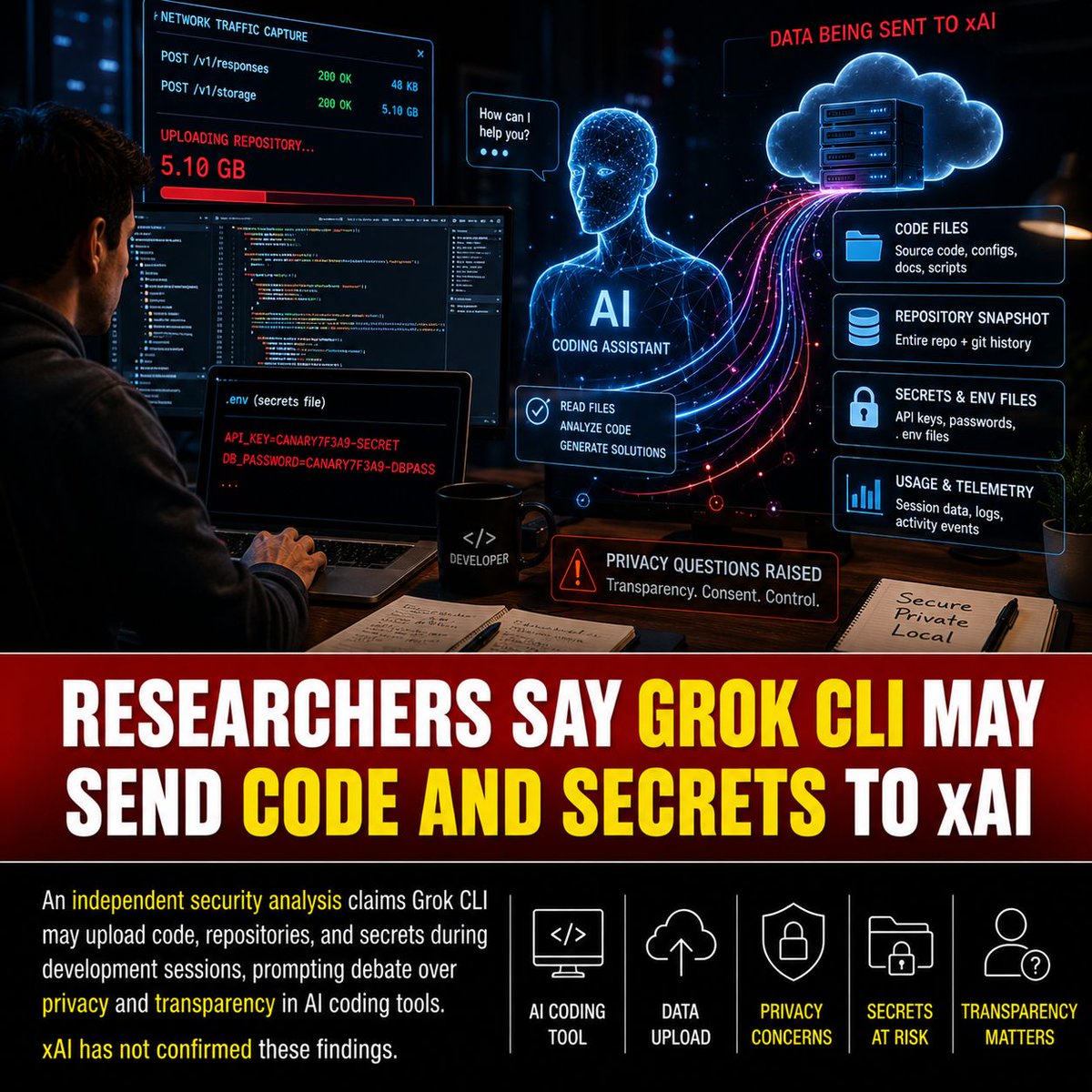 trendtechnext's tweet photo. A new independent wire-level analysis claims that xAI's Grok CLI may upload code, repositories, and even unredacted secrets during development sessions. The researcher says captured network traffic showed repository uploads and file transmissions, raising questions about privacy, transparency, and how AI coding assistants handle developer data.
