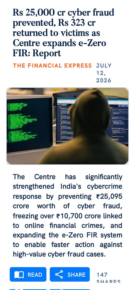 DesaiPankajR's tweet photo. Rs 25,000 cr cyber fraud prevented, Rs 323 cr returned to victims as Centre expands e-Zero FIR: Report
https://t.co/iUwvMz0wyh

via NaMo App https://t.co/xE4GIwi1Im