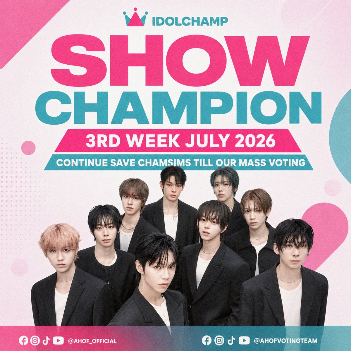 AHOFVOTINGTEAM's tweet photo. 📢 SHOW CHAMPION – 3rd Week of July 2026 💗💙

The countdown is on, FOHA! Keep collecting and saving your Chamsims every day so we're fully prepared for our upcoming Show Champion mass voting.

✨ Daily reminders: 
💎 Complete your daily attendance. 
💎 Watch ads and finish missions. 
💎 Collect every free Chamsim available.
💎 Continue saving your Chamsims until our official mass voting announcement.

Every Chamsim saved today strengthens our voting power tomorrow. Let's stay consistent, stay united, and give AHOF – "RUN TO YOU" the strongest support possible!

#아홉 #AHOF
@AHOF_official