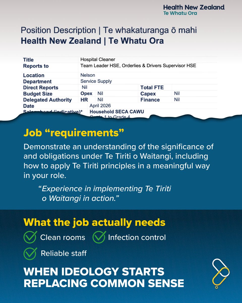 HobsonsPledgeNZ's tweet photo. A hospital cleaner should be hired because they can keep a hospital clean.

Not because they can demonstrate how to apply Te Tiriti principles "in a meaningful way."

Patients need clean wards. Hospitals need reliable staff. Yet Health New Zealand is adding ideological expectations to one of the most practical jobs in the health system.

It's time to get back to hiring people based on the skills the job actually requires.