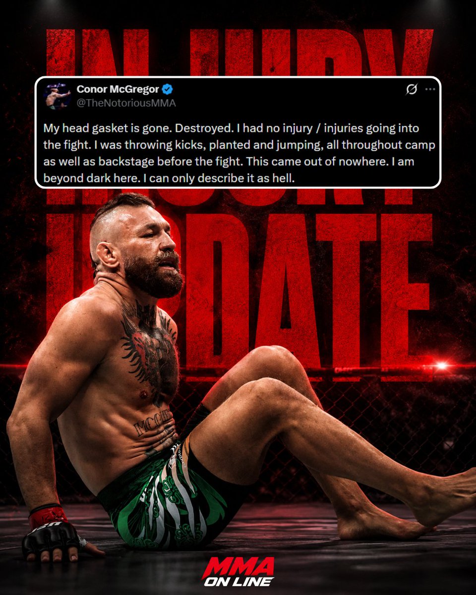 MMAOnLine_'s tweet photo. Conor McGregor provides a massive update on the injury that spoiled his UFC 329 return against Max Holloway.

"The Notorious" insists there was nothing wrong with his knee. Instead, he claims his head gasket completely blew. 😭

But who's going to tell this innocent soul that it was all Dana White and the UFC's fault for booking the event on such a cursed date (July 11)? After all, McGregor suffered his infamous leg break against Dustin Poirier at UFC 264 on July 10, 2021.