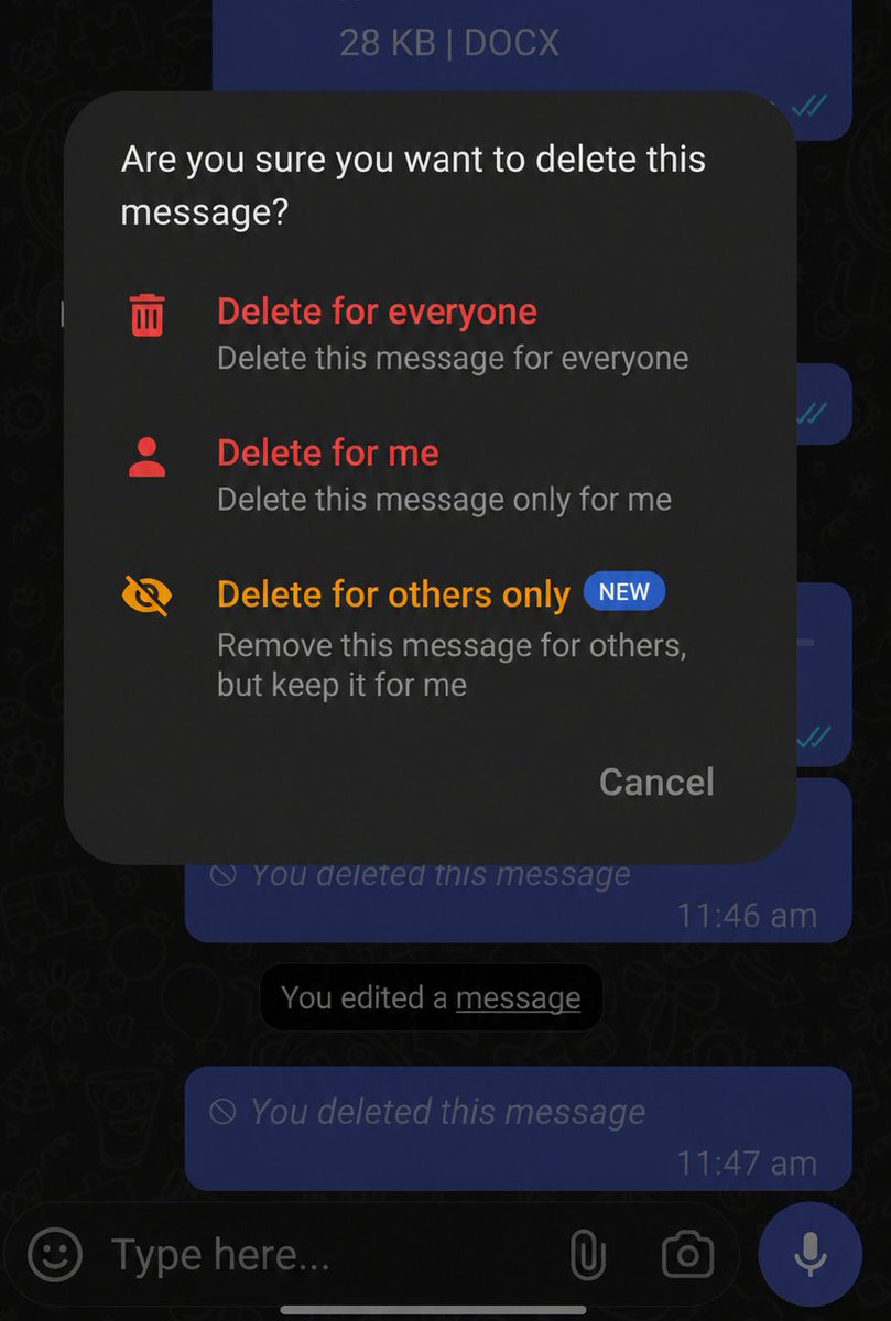 nik1hil9's tweet photo. @Arattai     pls add this feature:Delete for Others Only – removes the message from the recipient's chat while keeping it visible in the sender's chat history. https://t.co/c6ae7tSoDx