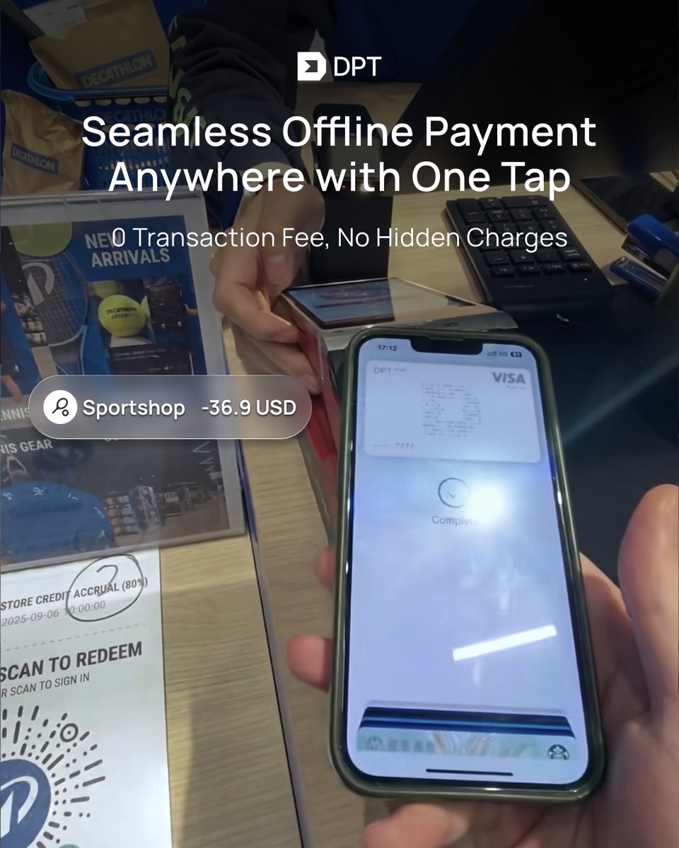 DptPay's tweet photo. GM GM！
🎾Tap to pay at sportshop with DPT Card via Apple Pay!

Smooth offline payment anywhere
$0 transaction fees &amp; 0 hidden charges.
Your weekend shopping couldn’t get any easier!

#DPTPay #cryptopayment #stablecoin #TapToPay #Shoppingpayment https://t.co/qKiWo80pmz