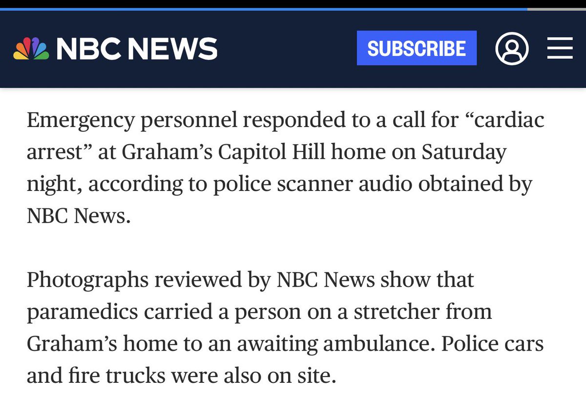 DiedSuddenly_'s tweet photo. Lindsey Graham dies suddenly from heart attack.

Cardiac arrest was one of the many terrible side effects from the Covid jab, which Graham advocated for and took.

Police scanner audio has confirmed emergency personnel responded to Graham’s home in DC for cardiac arrest.

Governor McMaster will appoint a replacement until a special election is held.