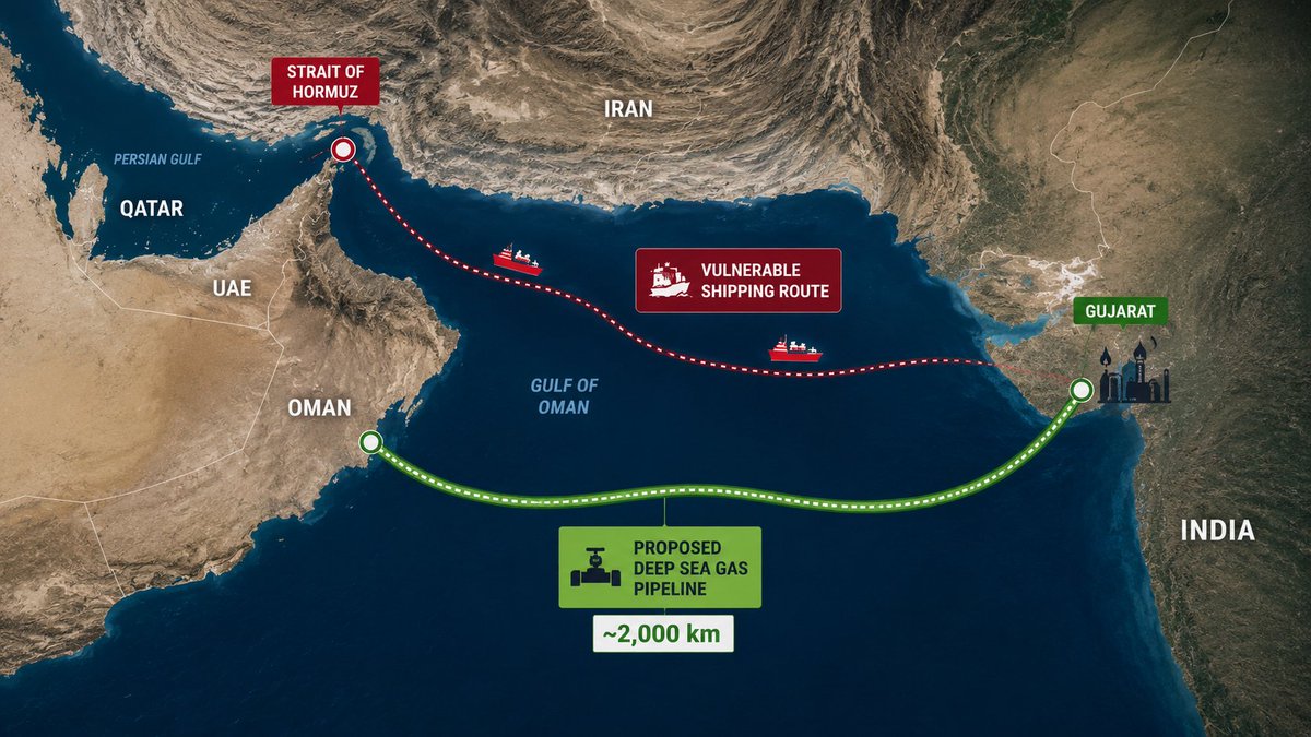 TheMilObserverr's tweet photo. India is building an alternative to its dependence on the Strait of Hormuz.

A proposed 2,000 km Oman Gujarat deep sea gas pipeline is being fast-tracked to create a direct energy link with Oman.

This is as much a strategic project as it is an energy project.

Around 60% of India's LNG imports pass through the Strait of Hormuz today. 

The pipeline could carry around 31 MMSCMD of natural gas, reducing India's dependence on one of the world's most vulnerable energy chokepoints.

The project has been discussed for years, but growing instability across the Middle East has made it far more urgent.

Today, Iran once again announced the closure of the Strait of Hormuz.

The Middle East has rarely stayed free of conflict for long. 

That's exactly why projects like this should be completed as soon as possible, so India's energy security is never dependent on a single chokepoint again.